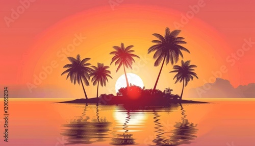 A silhouette of palm trees on a small island at sunset.  The sun is setting behind the trees, casting a warm glow on the water.