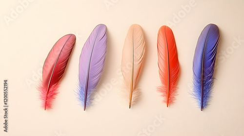 Five Colorful Feathers in a Row, colored feathers, pink feather, orange feather, purple feather, blue feather