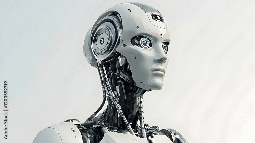 Close-up of a Female Robot Head and Neck, android, artificial intelligence, AI, cyborg, humanoid robot Close-up of a Female Robot Head and Neck, android, artificial intelligence, AI, cyborg, humanoid robot