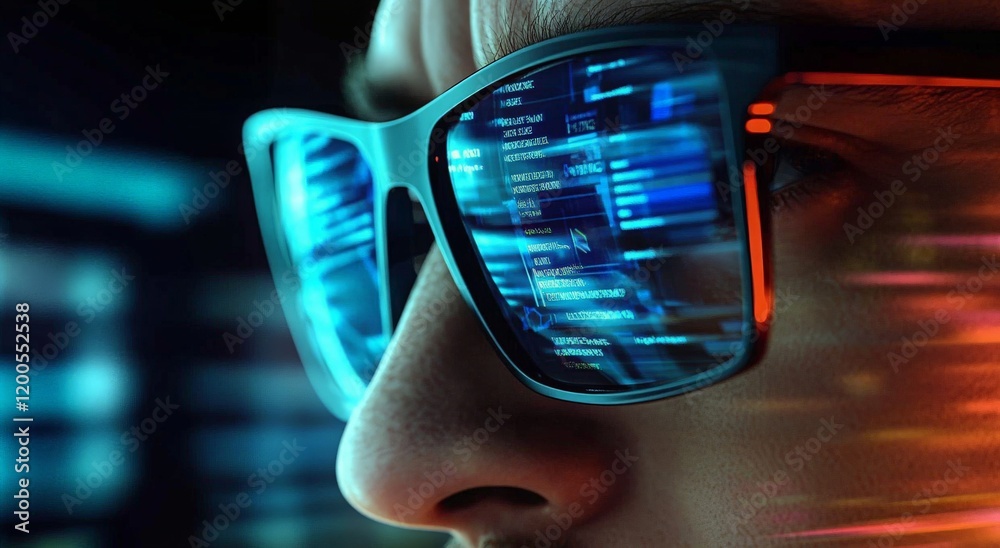 Close-Up of Programmer with Code Reflections in Glasses in a Tech Environment, Showcasing the Fusion of Technology and Human Ingenuity in a Modern Workspace.
