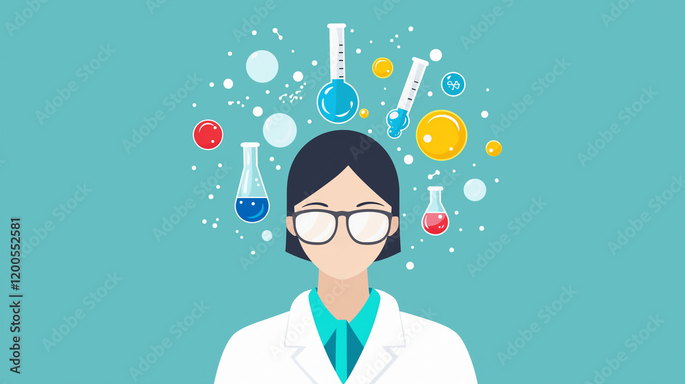Scientist and Chemistry: A stylized illustration of a female scientist, wearing glasses and a lab coat, surrounded by colorful beakers and molecules, symbolizing scientific discovery and innovation. Scientist and Chemistry: A stylized illustration of a female scientist, wearing glasses and a lab coat, surrounded by colorful beakers and molecules, symbolizing scientific discovery and innovation.