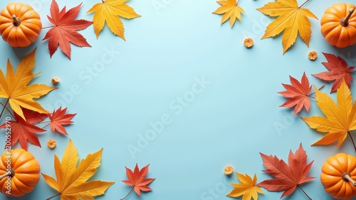 Overhead vista featuring a light blue sky, adorned with leafy and pumpkin borders; two prominent orange pumpkins frame the view, complemented by a solitary one in the center.  photo