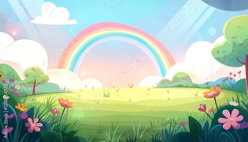 A vibrant rainbow arches over a green field with colorful flowers in the foreground and a blue sky with fluffy clouds.