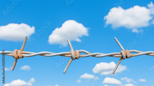 Barbed Wire and Blue Skies: A stark reminder of barriers, the sharp points of barbed wire contrast with the soft white clouds and serene blue sky, evoking themes of restriction and hope.  photo