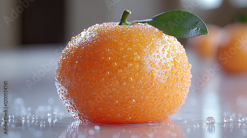 Juicy mandarin orange with water droplets on a reflective surface, close-up, kitchen background, healthy food image photo