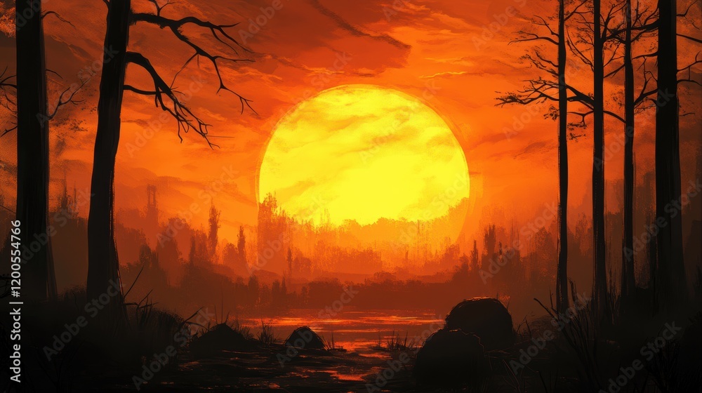 Fiery Sunset Over Silhouetted Forest and Still Water Fiery Sunset Over Silhouetted Forest and Still Water