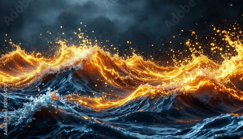 Fiery ocean waves under a stormy sky. Concept of nature's power, duality, and contrast.