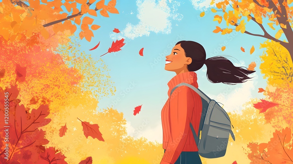 Woman smiling amidst autumn leaves and a blue sky Woman smiling amidst autumn leaves and a blue sky