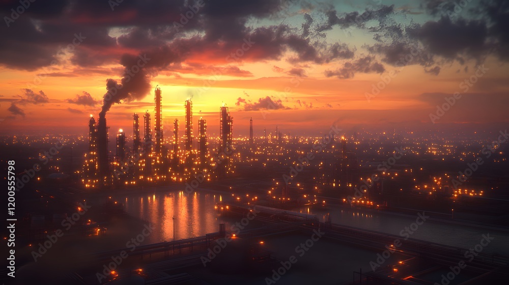 Fototapeta premium Industrial Complex Sunset Skyline Illuminates Night