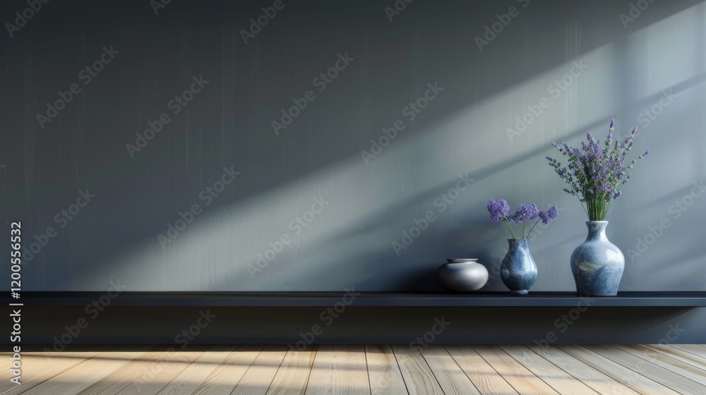 Obraz premium A modern interior with a dark olive wall, light maple floors