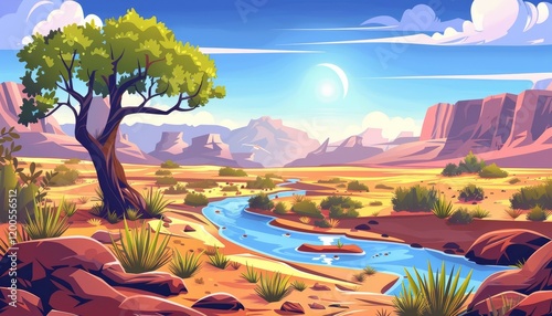 A picturesque desert landscape with a winding river flowing through it, a single tree standing tall against the backdrop of mountains and a clear blue sky. photo