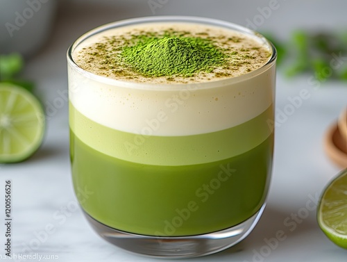 Layered matcha latte with cream, lime garnish.  Food photography for cafe menus photo