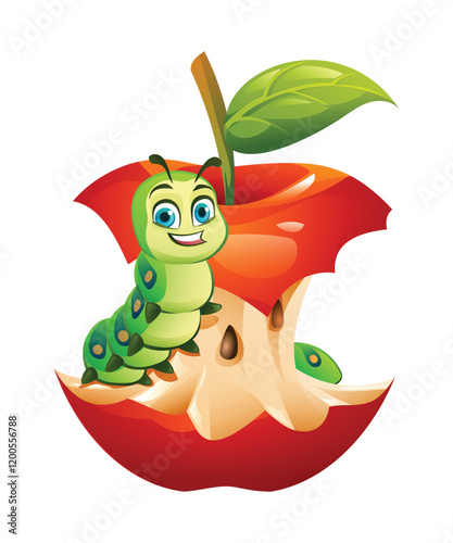 Cute caterpillar sitting on a bitten red apple core with seeds and leaf. Vector cartoon illustration