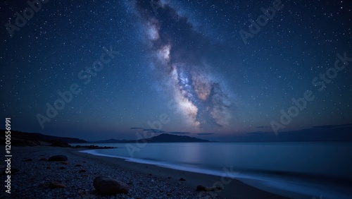 A breathtaking expanse of the Milky Way arches across a deep blue, star-studded night sky, surrounded by scattered celestial jewels shimmering in serene darkness photo