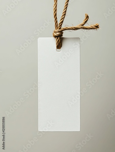 a textured white paper tag with torn edges, tied with rustic twine, set on a textured neutral background, exuding simplicity and charm. photo