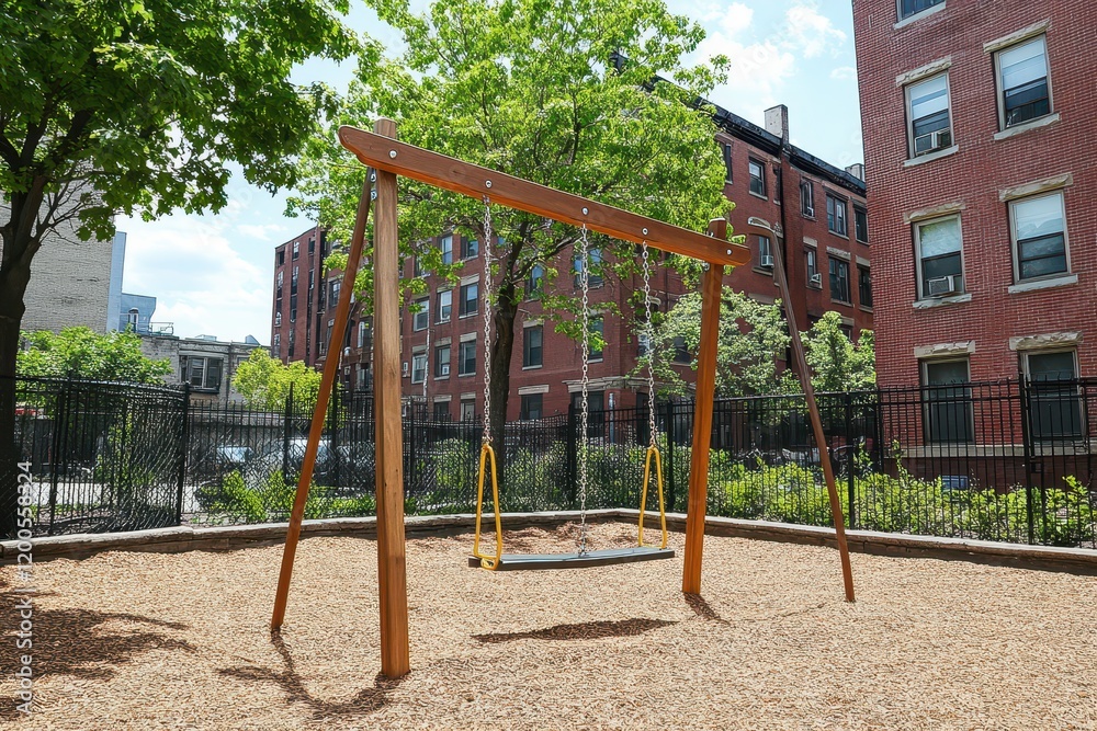 Serene Neighborhood Playground with Wooden Swing Set Surrounded by Lush Greenery and Urban Buildings in Bright Daylight Serene Neighborhood Playground with Wooden Swing Set Surrounded by Lush Greenery and Urban Buildings in Bright Daylight