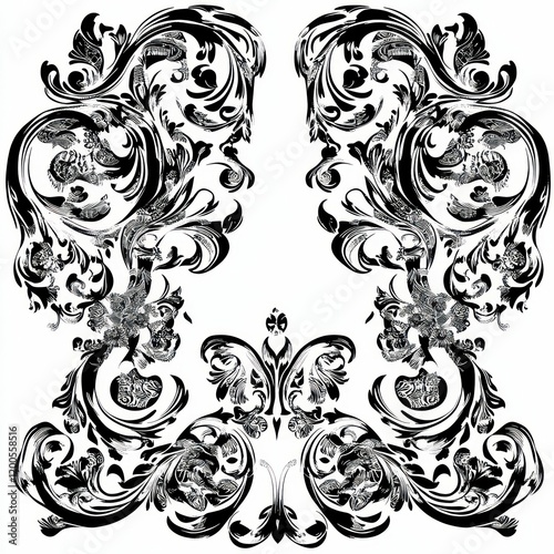 an intricate set of black and white ornamental designs featuring swirling patterns, floral elements, and symmetrical details, exuding elegance. photo