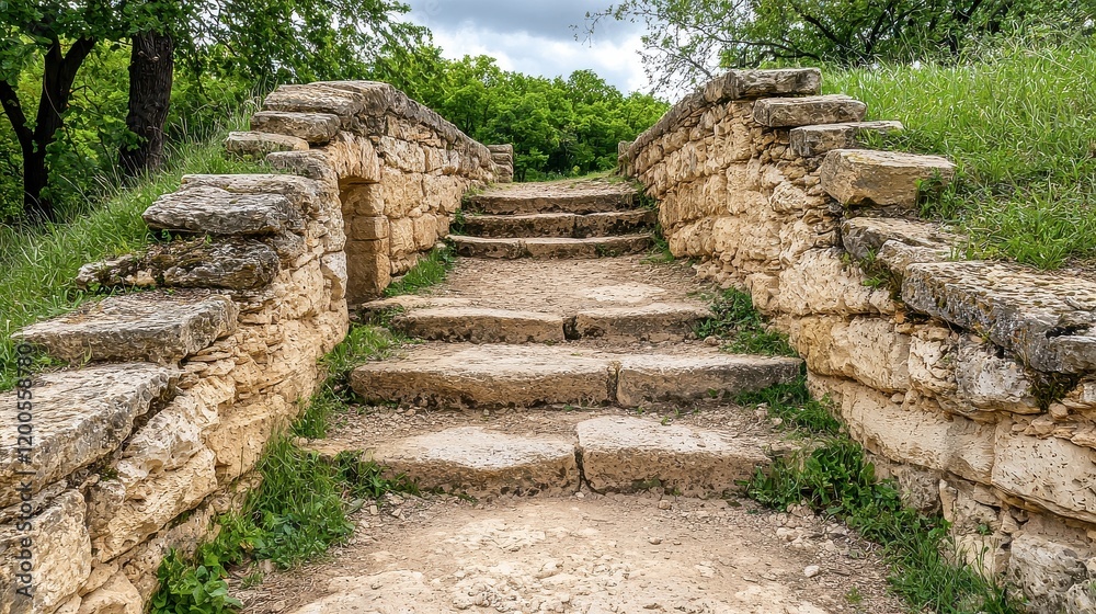 Stone Steps Leading Upward Through Green Nature Pathway Scene