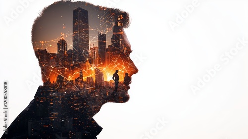 A man's profile view, with a cityscape and network overlaid on his head, suggesting urban thinking or visionary leadership. photo