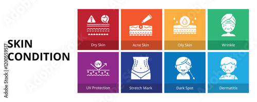 Skin Condition Glyph Solid Banner Web Icon Set Vector Illustration, Dry Skin Acne Skin Oily Skin UV Protection Stretch Mark Dark Spot Dermatitis
