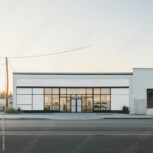 Wallpaper Mural a minimalist modern storefront with clean lines, large glass windows, and a sleek design, set against a clear sky. Torontodigital.ca