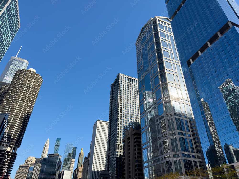 Looking up at skyscrapers from the Chicago River Looking up at skyscrapers from the Chicago River