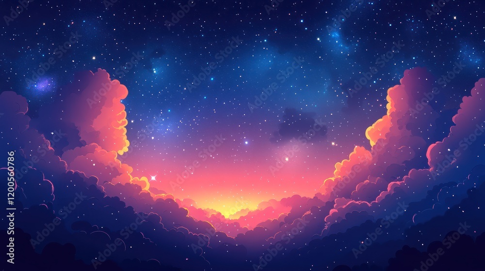 Fototapeta premium Vibrant sunset over fluffy clouds against a starry night sky.