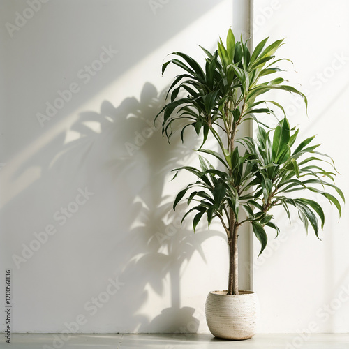 Abstract Dracaena loureiri plant in the pot set beside the wall with sun light shine in showing beautiful shadow on white empty wall. photo