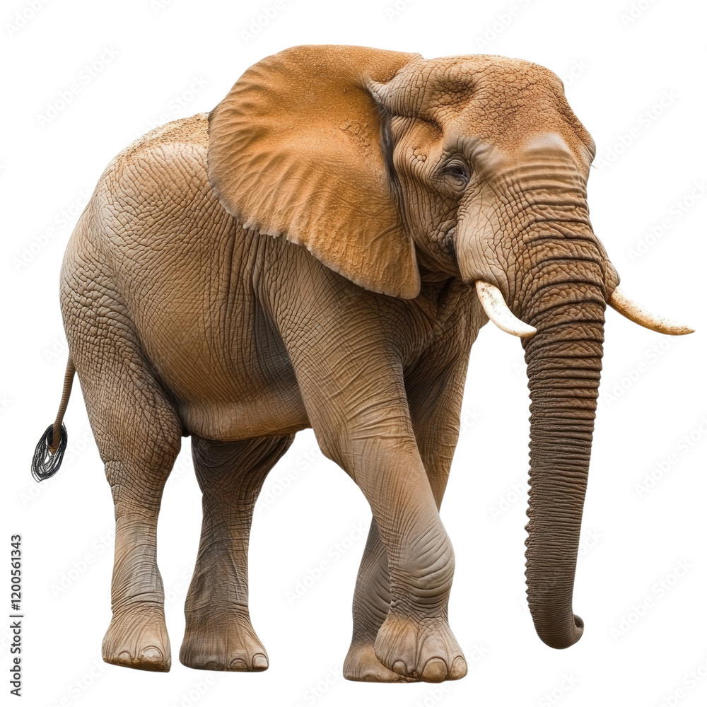 Fototapeta premium Elephant walking on transparency background, showcasing its large ears and trunk. This majestic animal represents strength and grace in nature