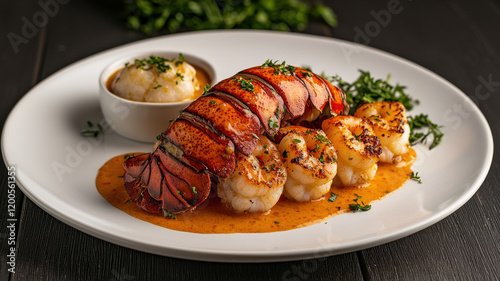 Delicious lobster and shrimp dish with buttery sauce and herbs