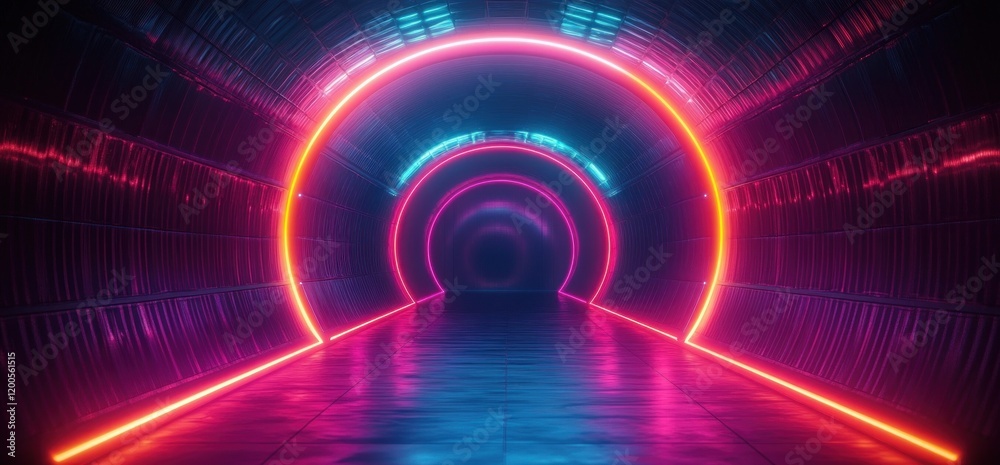 Fototapeta premium Futuristic Neon Tunnel Cyberpunk Corridor Smoke Glowing Lights Laser Beams Vibrant Dark Space