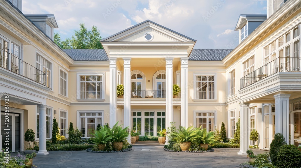 Fototapeta premium A stunning home with creamy walls, expansive windows, and detailed white columns at each entrance