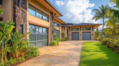 Wallpaper Mural A stunning home with sand-colored stucco, volcanic stone accents, and glass-paneled windows Torontodigital.ca