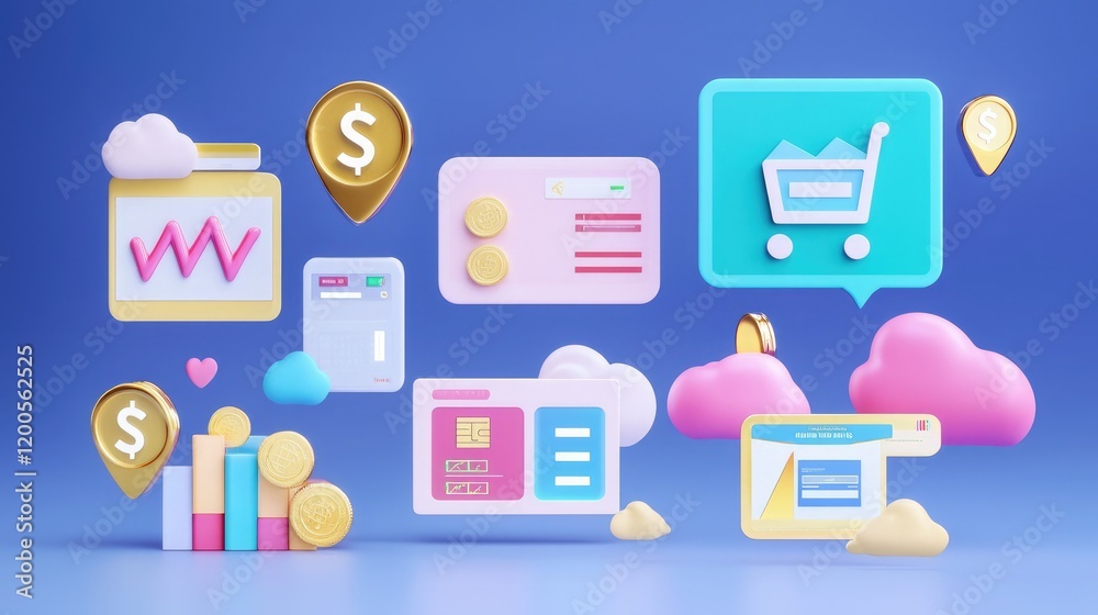 A vibrant digital illustration showcasing e-commerce elements, including shopping carts, dollar signs, and graphs against a blue background. A vibrant digital illustration showcasing e-commerce elements, including shopping carts, dollar signs, and graphs against a blue background.