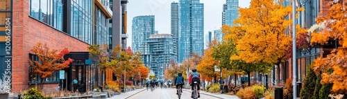 Wallpaper Mural Cyclists Enjoying a Vibrant Autumn Day in the City with Colorful Leaves and Sunshine Torontodigital.ca