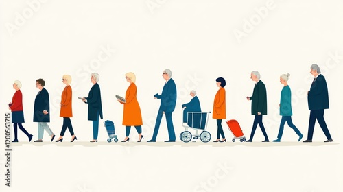 A diverse group of people walking in a line, showcasing various ages and styles.