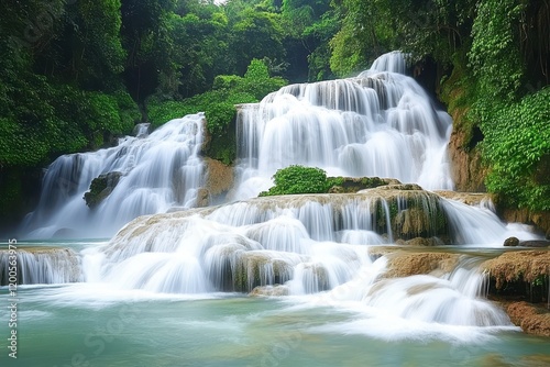 Serene Waterfall Cascade Flowing Through Lush Green Vegetation in Tranquil Natural Landscape Setting with Clear Blue Waters and Vibrant Flora Surrounding the Scene