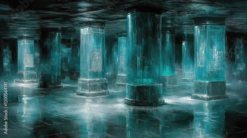 Crystalline pillars in an underwater chamber; mysterious background. Fantasy art photo