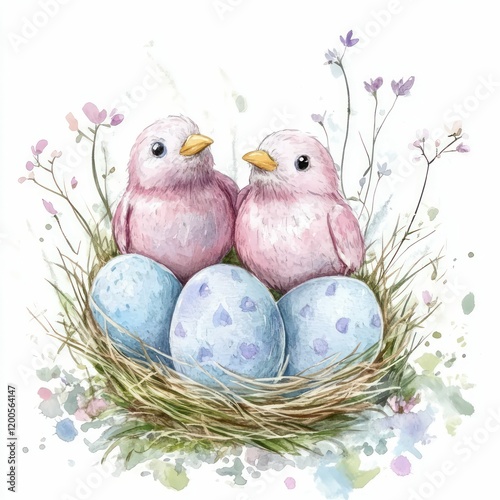a delicate watercolor painting of a wicker basket filled with pastel-colored Easter eggs, surrounded by soft grass, symbolizing springtime joy. photo