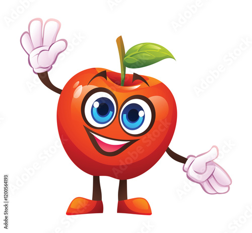 Cute red apple character waving happily. Vector cartoon illustration