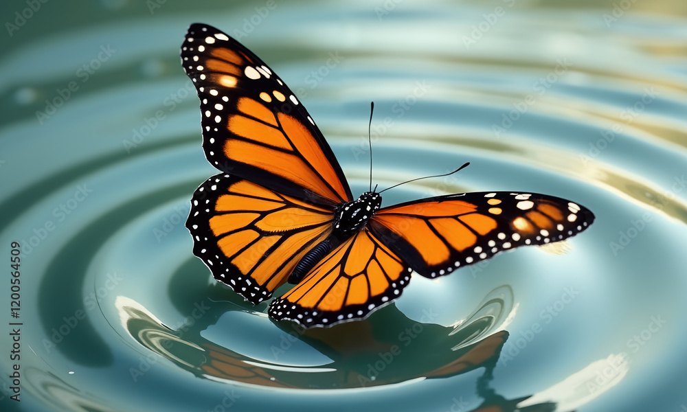 Fototapeta premium Monarch butterfly gently landing on water creating ripples with a serene reflection