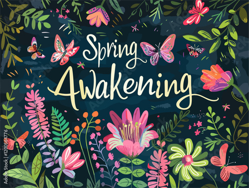 Vector Illustration: Spring Awakening: Metaphorical Rebirth and Growth with Stylized Flowers and Butterflies