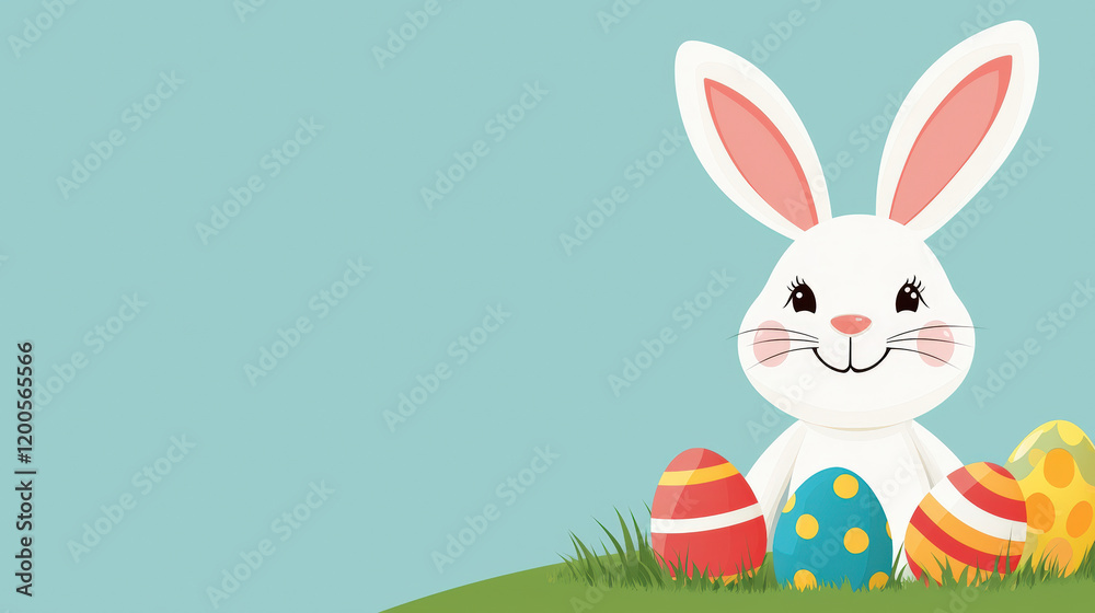 Fototapeta premium A cheerful white bunny sits in grass surrounded by colorful Easter eggs against a soft blue background, celebrating the joy of Easter.