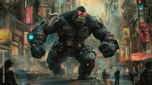 A giant robotic gorilla looms over a neon-lit urban landscape, showcasing futuristic technology.