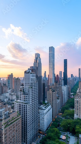 Stunning skyline of New York City at sunset, showcasing modern architecture and vibrant colors.