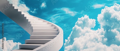 A surreal staircase ascends into a bright blue sky, surrounded by fluffy clouds, evoking a sense of wonder and limitless possibilities.