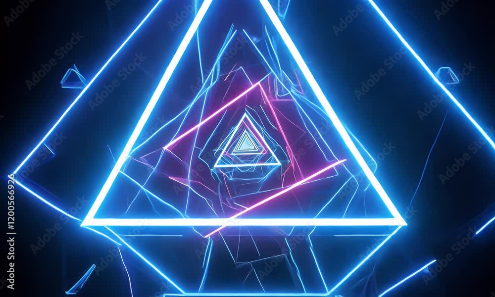 Abstract neon triangle tunnel; vibrant background; digital art; visual effects