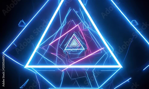 Abstract neon triangle tunnel; vibrant background; digital art; visual effects