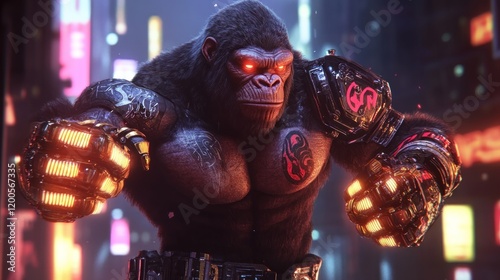 A muscular, cybernetic gorilla in a neon-lit urban setting, showcasing strength and technology. photo