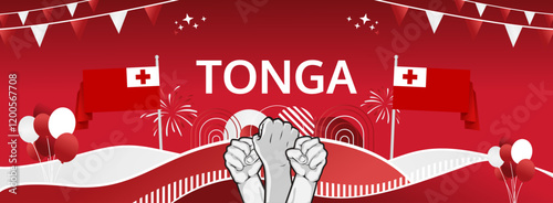 Tonga Independence Day modern greeting banner. 4th June Happy Tonga National Day. Holidays abstract concept in flag colors. Great for event like carnival, feast poster, support, culture and tourism